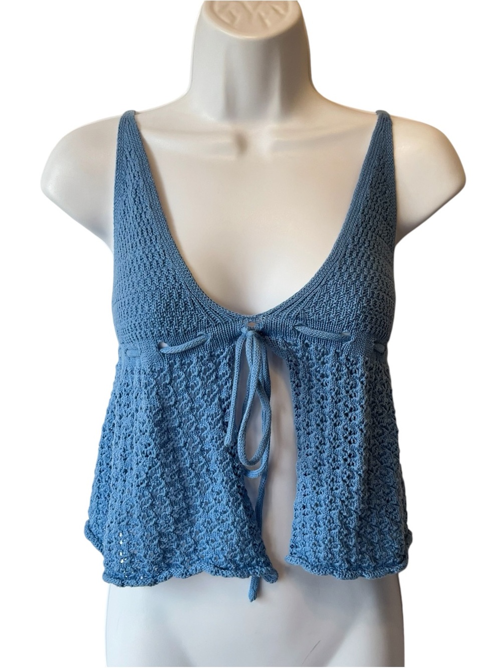 Cotton On Crochet knit babydoll tied cami XS Blue Womens cropped tank top